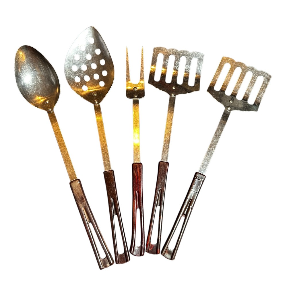 Stanhome Stainless Steel‎ Utensil Set Brown Bakelite Handles 5 Piece Spatulas
